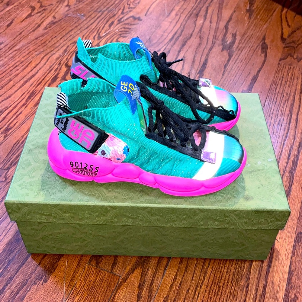 Hello Joy 
Pink & Turquoise Sneakers with Black Shoestrings & flowers
Size 40